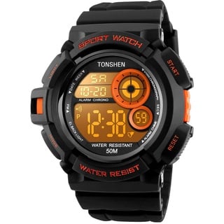 TONSHEN Herren Multifunktion Outdoor Militär Uhren Digitaluhr Sportuhr Mehrfarbig LED Licht 50M Wasserdicht Groß Plastik Lünetten mit Kautschuk Band Armbanduhr (Orange)