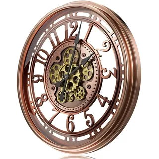 TOKTEKK Wanduhr Große 53.3cm mit Bewegliche Zahnrad, Vintage Retro Industriell Metall Römische Zahlen für Zimmer Zuhause Küche Schlafzimmer Büro Schule, Retro Rot