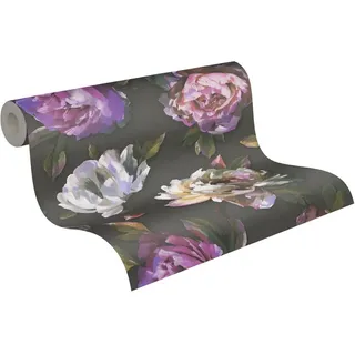 A.S. Création PintWalls Vliestapete mit Blumen-Motiv Rosen 0,53 x 10,05 m – Schwarz, Violett, Grün – Blumentapete Aquarell - 396091