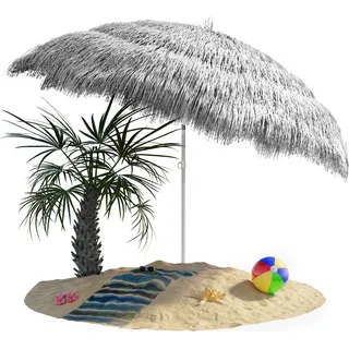 KINGSLEEVE® Sonnenschirm Hawaii Ø160cm Neigbar Höhenverstellbar UV Schutz 30+ Groß Rund Balkon Strand Strohschirm Strandschirm Bast Hawaiischirm Grau - Hellgrau