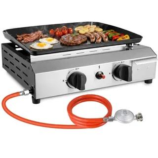 LIFERUN Plancha Gasgrill Klein 4,8KW, Tragbarer Tischgrill Edelstahl | 2 Brenner Kompakt Tischgasgrill, Keramische Lackbeschichtung Grillfläche, Picknickgrill für Camping Balkon Garten