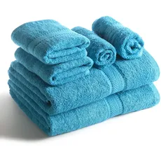 SweetNeedle Handtücher-Set, Cyan-Blau - 2 Badetücher, 2 Handtücher und 2 Waschlappen, täglicher Gebrauch, ringgesponnen, 100% Baumwolle, sehr saugfähig für Badezimmer, Dusche (6 Stück)