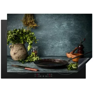 MuchoWow Herdabdeckplatte Kräuter - Gewürze - Pfanne - Messer - Grau - Rustikal 75x52 cm , Petrol , Kunststoff , Rechteckig , 75x52x0.2 cm , Made in Europe , Küchen, Küchenelektrogeräte, Herde, Herdabdeckplatten