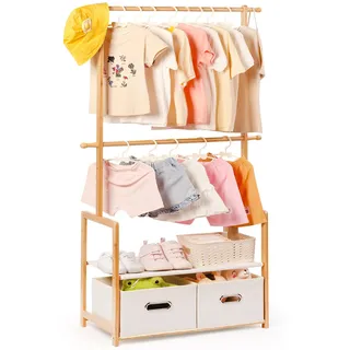Relquorax Bambus Kinder Kleiderständer, mit 2 Aufbewahrungskiste und 2 Verstellbaren Hängestangen, Kleiderstange & Ablage, Kinderzimmer, Kindergarderobe, für Baby Mädchen Jungs (Naturfarbe)