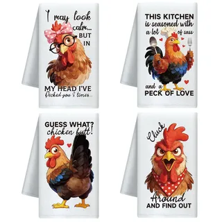 CUTHOLLOW 4er-Set Geschirrtücher mit Lustige Sprüche und Huhn Motiv - Weich & Saugfähig - Deko Trockentuch Microfaser für Küche, Tee, Kaffee, Bar, Zuhause, Einweihung, Geburtstag