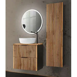 Badmöbel Set schwarz gerillt mit Waschtisch 60 cm, Hochschrank XANTEN-56 in anthrazit mit Eiche Nb., B/H/T: 110/200/46,5 cm - Braun