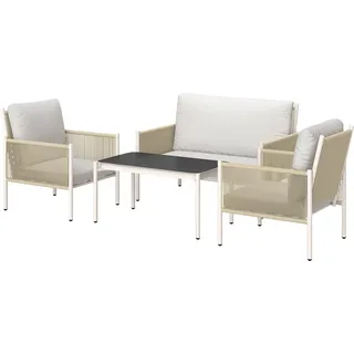 Gartenmöbel Set aus Polyrattan Lounge-Set mit 2er Sofa Sessel Glastisch Kissen wetterfest Sitzgruppe für 4 Personen Outdoor Balkonmöbel Set Terrassenmöbel für Garten Balkon Braun+Grau | - Braun, Grau