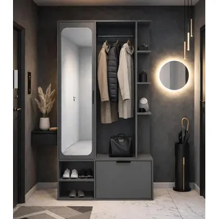 AX LIVING Garderobe Nemrut Grau mit Spiegel – Flurmöbel mit Stauraum - Grau