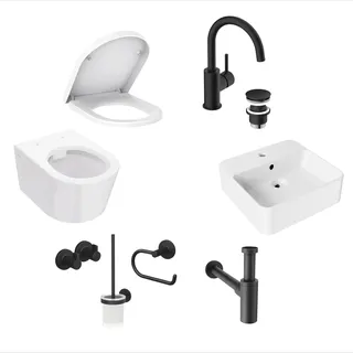 Lenz Gästebad-Set 8-teilig Schwarz-matt – Wand-WC inkl. WC-Sitz mit Absenkautomatik, Waschtisch, sparsame Armatur, Siphon & Badaccessoire-Set