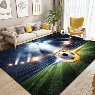 Dai Lufei Fußballplatz Spielteppich, Eisfeuer Fußball Bedruckt Großflächige Teppiche Sport rutschfest FußBall Teppich 3D Fußball Mit Flammen Bedruckten Teppichen Für Jugendzimmer, 140x200cm