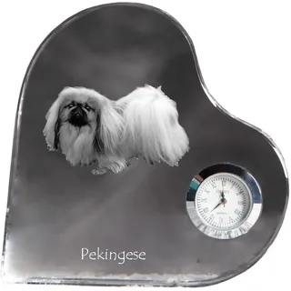 Pekingese, Pekinese, Peking-Palasthund - Kristalluhr mit einem Hundebild, Herzregal-Uhr, personalisierte Standuhr der Marke Art-Dog - Transparent