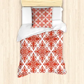 ABAKUHAUS rot Mantele, West Scroll Ornament, Milbensicher Allergiker geeignet mit Kissenbezügen, 135 cm x 200 cm - 80 x 80 cm, rot-Weiss - Rot
