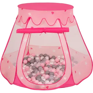 Selonis baby spielzelt mit plastikbällen zelt 105x90cm/100 bälle plastikkugel kinder, pink:perle-grau-transparent-puderrosa - Rosa