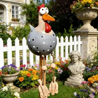 Mineup Keramik Huhn Gartendeko, Huhn Deko Garten Handarbeit Gartenstecker, Handarbeit Gartenstatue Dekorative Henne Gartenstecker, Hühner Gartenfigur Harz Gartendekoration für Terrasse, Garten (Grau)