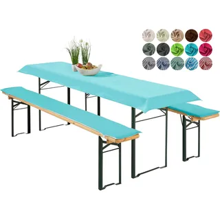 heimtexland ® Bierzeltgarnitur Auflagen Set 3-teilig Tischdecke Bierbank Polster Sitzkissen Tischdeko Typ698 Aqua für Tischmaß 50x220 cm - Aqua