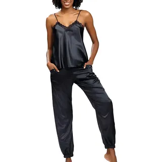 DKaren Satin Pyjama Damen Set Day M - Zweiteiler Nachtwäsche Damen - Damen Pyjama mit Trägerbluse und Langer Hose - Pjama Set mit Spitze am Ausschnitt - Satin Schlafanzug Schwarz