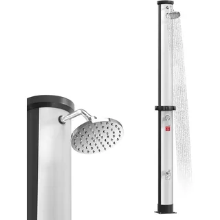 Solardusche 40 Liter, Solar Gartendusche 216 cm Hoch, Regenduschkopf Schwenkbar, max. 60°C, Aussendusche mit Wasserhahn & Anschlussset für Pool, Garten und Camping (Silber-Schwarz)