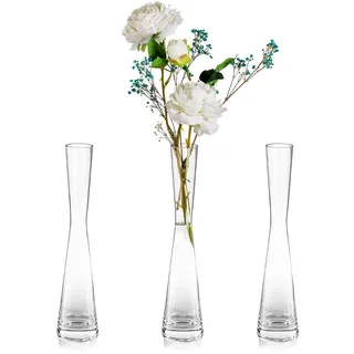 Glasseam Blumenvase Modern Glasvasen Schmal: 3er 24.5cm Hoch Blomus Vase Glas Set Handmade Schmale Vasen Tischdeko Wohnzimmer Esstisch Tulpenvase Dekovase für Pampasgras Tulpen Rose Hochzeit Deko