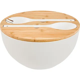 GEHE Salatschüssel aus Servierbesteck – große Rührschüsseln aus massivem Bambus, Salatschüssel mit Bambusdeckel, Löffel für Obst, Salate und Dekoration (Weiss, 12INCH)