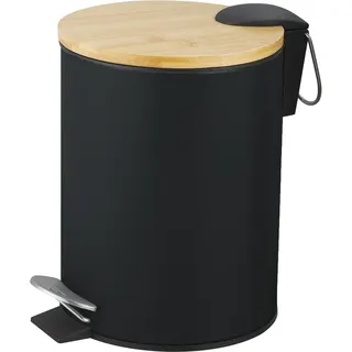 Amig - Kosmetikeimer mit Pedal 5L Naturline - Schwarz und Bambus - Hygienische Öffnung - Ø20 x 26 cm - Lackierter Edelstahl - Runder Badeimer Mülleimer mit Deckel