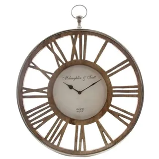 Casa Padrino Luxus Wanduhr im Design einer antiken Taschenuhr Silber / Naturfarben Ø 50 cm - Dekorative runde Uhr mit einem Ziffernblatt aus unbehandeltem Holz - Silber, Beige