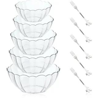5pcs Klare Plastik Salat Schale, wiederverwendbare Mischen Servierschälen mit 5pcs Gabeln, Obst Dessert Schale,stapelbare Snack Chip Vorspeise Trifle Geschirr für Salat Suppe Getreide Küche (5 Größen)