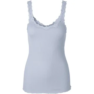 Spitzentop ROSEMUNDE "Babette Silk Top mit Seide", Damen, Gr. XS, blau (heather sky), Feinripp, Obermaterial: 70% Seide, 30% Baumwolle, unifarben, körpernah hüftbedeckend, Rundhals, Tops Spitzentop, umgedrehter Vintage-Spitzenbesatz, feminin, bequem, Seidenmix