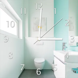 Wallario Design Wanduhr Badezimmer Gästetoilette Innenansicht - WC und Waschbecken aus Echtglas, Größe 30 x 30 cm - Türkis