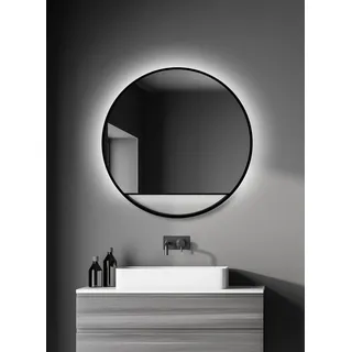 Wandspiegel rund Talos Black Hole Light Matt Ø 80 cm - Badspiegel mit indirekter Beleuchtung - Lichtspiegel mit Lichtfarbe neutralweiß - hochwertiger matt schwarzer Aluminiumrahmen - Badezimmerspiegel - Schwarz