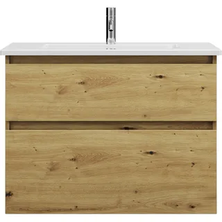 burgbad Lin20 Keramik-Waschtisch Weiß Glänzend inklusive Waschtischunterschrank, 2 Auszüge, 830x495x622mm, SGHF083F5353C0001, Farbe: Eiche Dekor Urban
