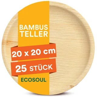 ECO SOUL Bambus teller 8"(20 cm) Papteller Einwegteller(25 Stück) | 100% natürliches Bambus, Extra stabil für heiße & kalte Speisen, Fett & schnittfest, Kompostierbare Alternative zu Plast