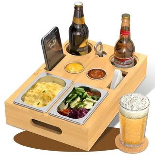Yeabett Couchbar Snackbox mit 2+2 Edelstahlschalen & Gewürzschalen, Abnehmbarer Magnetdeckel & Untersetzer, Multifunktionale Snackablage für Sofa, Bett, Picknick, Camping (Bambus & Edelstahl), Bambus