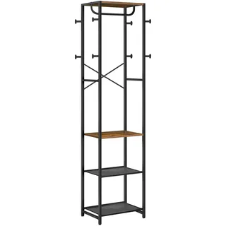 HOOBRO Garderobenständer, Garderobe mit Schuhregalen, Aufbewahrungsregal, Garderobe mit 3 Regalen, Vielseitiger Kleiderständer mit Schuh-Organizer, Vintagebraun und Schwarz EBF04YM01