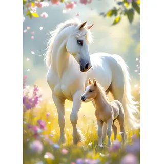 QINRUBB DIY Weiße Pferde Diamant Painting Bilder Anfänger, 5D Mama und Baby Diamond Painting Erwachsene, Runder Vollbohrer Traumland Diamant Kunst Kits Kreuzstich Home Wand Dekor 30x40 cm