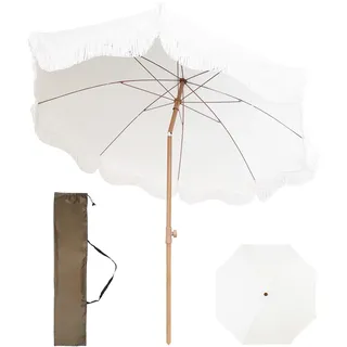 Boho Sonnenschirm Mit Fransen 200cm Strandschirm Uv Schutz Weiß Gartenschirm Wasserdicht Balkonschirm 45° Verstellbarer Terrassenschirm Portable Marktschirm Mit Tasche Für Garten Terrasse Pool