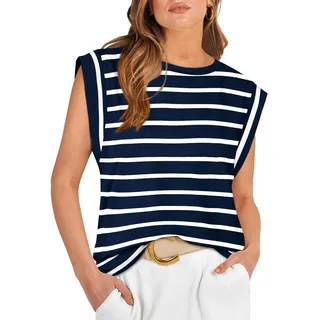 Damen Tops Sommer Locker Kurzarm Tshirts Flügelärmel Sommer Tops Rundhals Sommermode Longshirt Gestreift M