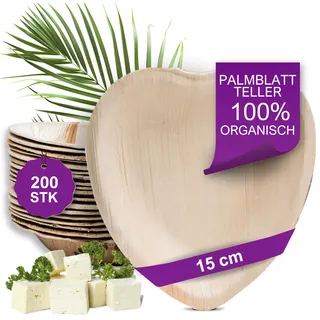Waipur Bio Palmblatt Teller - 200 Stück Herz 15 cm - Premium Einweg Geschirr - Umweltfreundliches Hochzeitsgeschirr - ähnl. Bambus Einwegteller