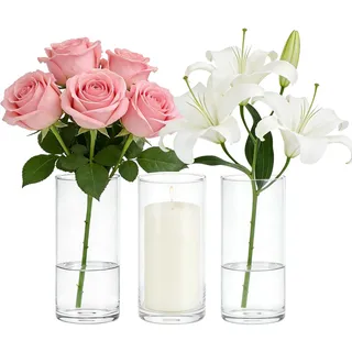 3er Set Zylindervasen, Glasvase, 8.5x15cm, Borosilikatglas | Klare Blumenvase, minimalistisches Design, für Blumen, Kerzen, Tischdeko, Wohnzimmer, Hochzeit