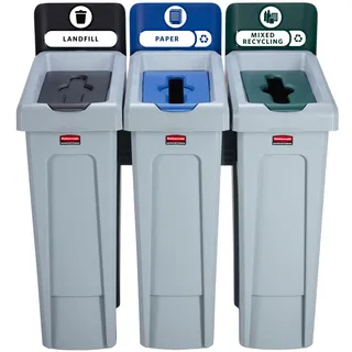 Rubbermaid Commercial Products Slim Jim Recyclingstation 3-fach Set Grau Deponie/Papier/Gemischtes Recycling – Modulares Abfalltrennsystem mit Farbcode & Belüftungskanälen – 2057606