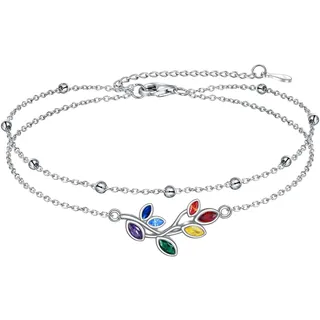 VONALA Chakra Leaf Fußkettchen für Damen 925 Sterling Silber Double Layered Chain CZ Fußkettchen Blatt Schmuck Geschenke für Damen Mädchen 23-28cm