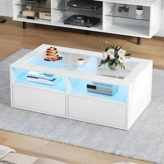Livingzimmer-Tisch - Glas - Doppelstufe - LED-Beleuchtung - 2 Ladestationen - Weiß