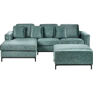 BELIANI 5-Sitzer Ecksofa Rechts Blaugrün Samt mit Ottomane u. Kissen Schwarze Metallbeine Edelstahlfüße L-Förmig Modern für Wohnzimmer - Blau, Schwarz