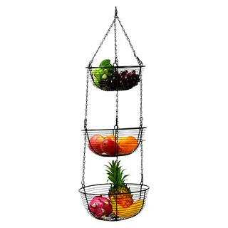 Hängekorb mit 3 Etagen für Obst und Gemüse, Hängeregal aus Metall, 3er Set, Schwarz, 29 x 29 x 84 cm