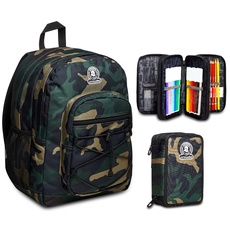 Invicta RUCKSACK DIAL CAMOUFLAGE mit Trinkflaschenfach,für Uni,Sport und Freizeit,Schultasche für Teenager+Federmäppchen,Federtasche für Schreibwaren, Etui mit Stiften, Kugelschreiber,Grundschule