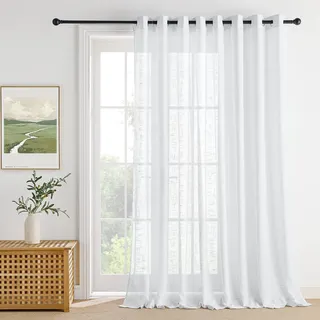 PONY DANCE Extra Breite Vorhänge 300 cm Leinenoptik Leinentextur Vorhang Weiss Halbtransparent Voile Gardinen mit Ösen Lichtdurchlässige Gardine für Großes Fenster 1 Stück H 260 x B 300 cm