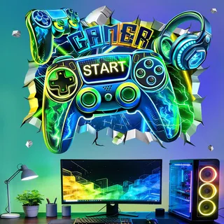 decalmile Wandsticker 3D Gamer Junge Groß Wandtattoo Gaming Videospiel Controller Durchbruch Videospiel Wandaufkleber Kinderzimmer Jungen Schlafzimmer Spielzimmer Wanddeko