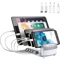 ORICO USB Ladestation 5 Port Schnellladestation, Lädt mehrere Geräte auf, Smart Charger Organizer mit 5 kurzen Ladekabeln, Kompatibel mit Apple iPad iPhone Android (Inklusive 5 Ladekabel - Weiß)