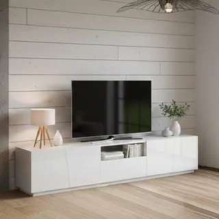 Dmora - TV-Schrank Paul, niedriges Wohnzimmer-Sideboard, Fernsehständer-Basis, 100 % Made in Italy, 220 x 43 x 46 cm, glänzend weiß, mit LED-Licht