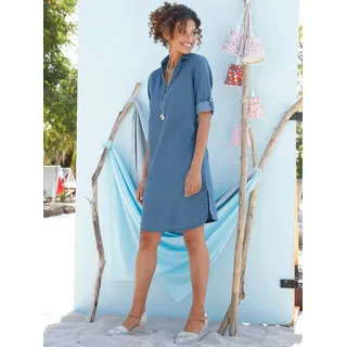 Jeanskleid CASUAL LOOKS "Jeans-Kleid", Damen, Gr. 44, Normalgrößen, blau (blau, bleached), 100% Baumwolle, unifarben, kurz, V-Ausschnitt, Kleider Jeanskleid