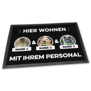 PfotenSchild Fußmatte mit DREI Katzen - Hier Wohnen - Personalisiert mit WUNSCHFOTOS und Wunschnamen Katzenbesitzer - 75 x 50 cm
